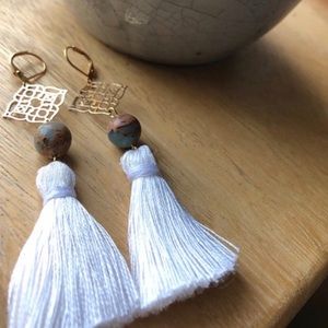 White tassel - natural stone/silver earrings NWT